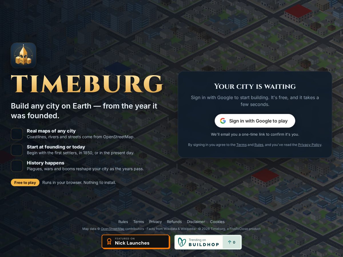 Landing-page snapshot of timeburg.com