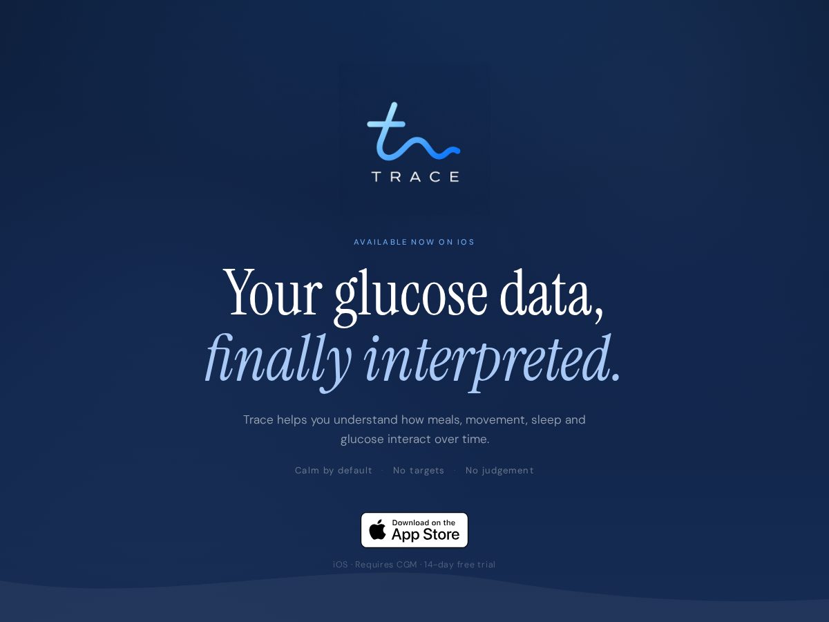 Landing-page snapshot of traceglucose.app