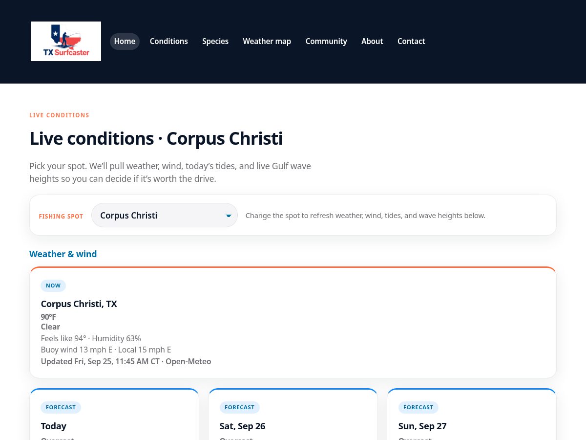 Landing-page snapshot of txsurfcaster.com