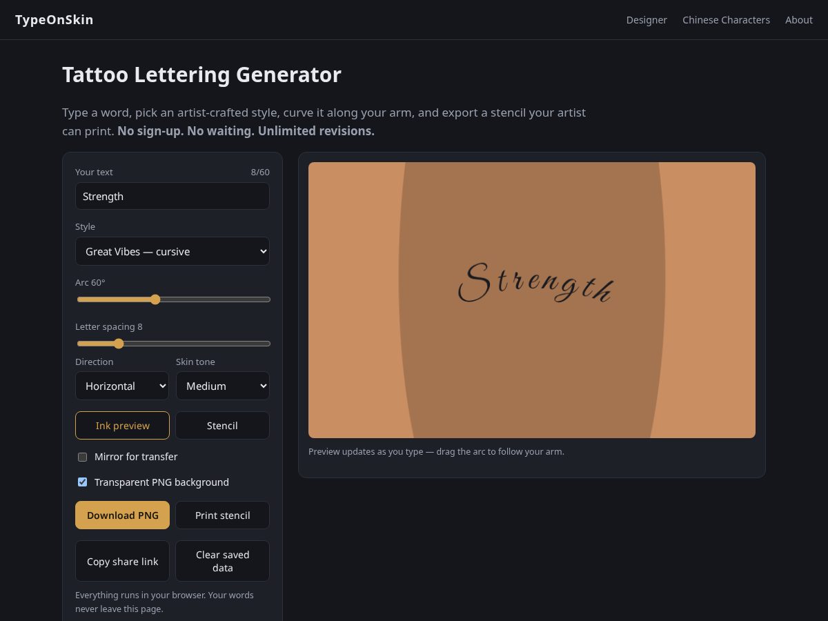 Landing-page snapshot of typeonskin.com
