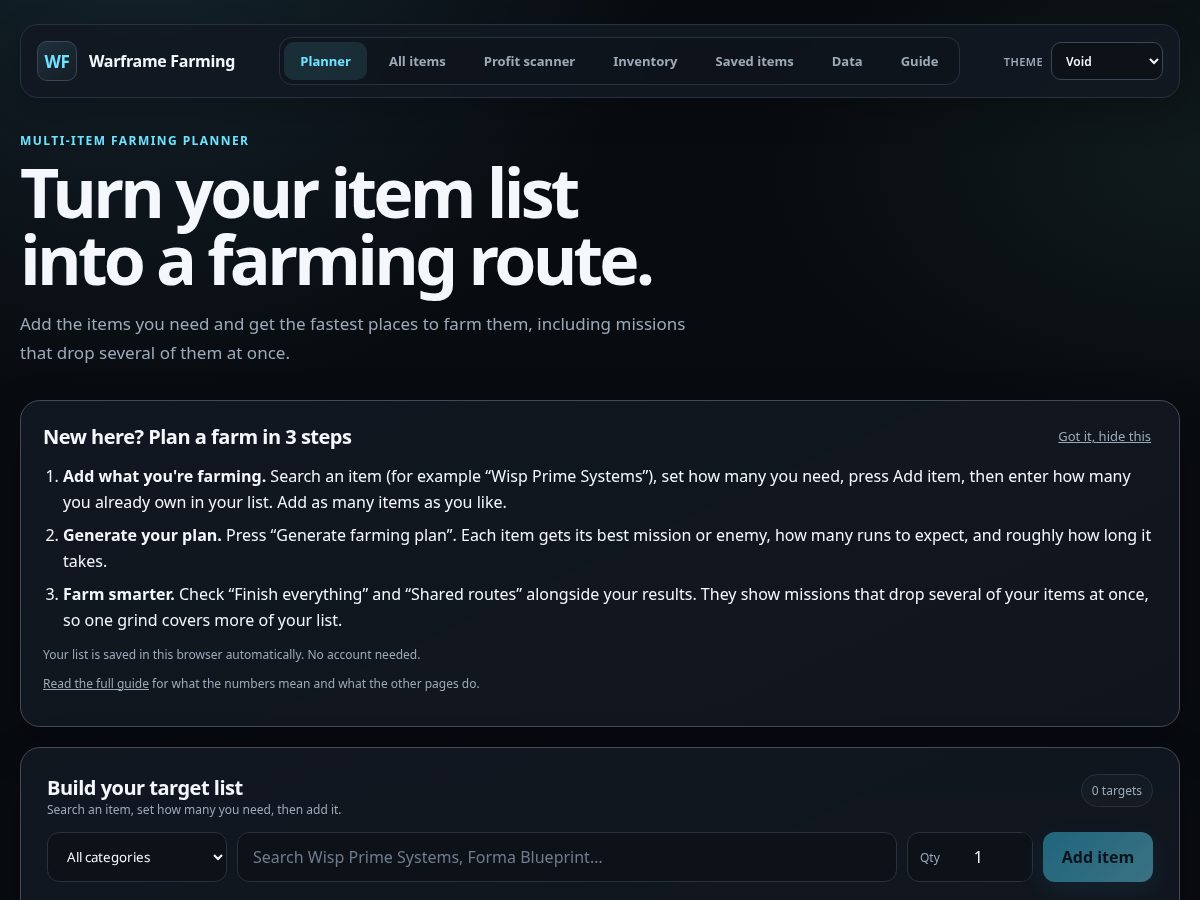 Landing-page snapshot of warframe-farming.com