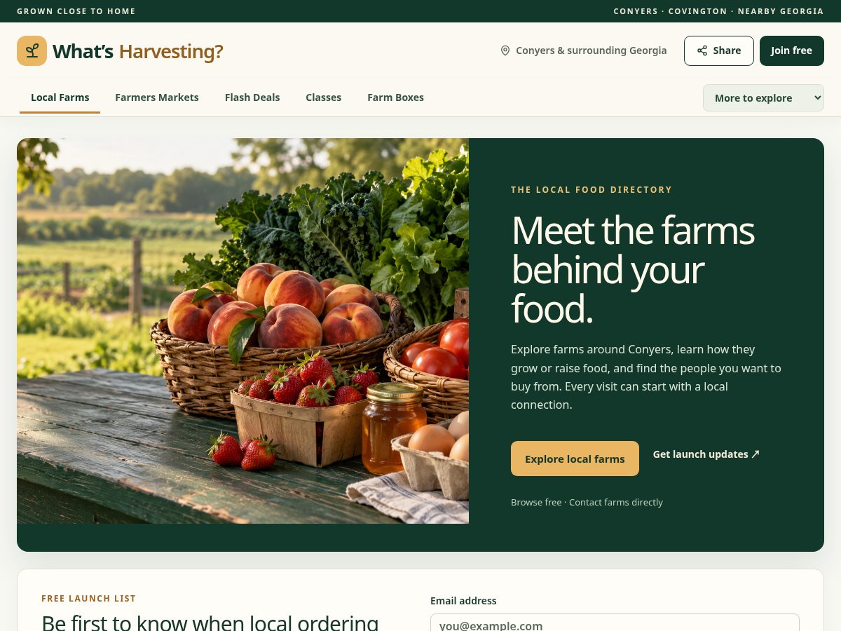 Landing-page snapshot of whatsharvesting.team