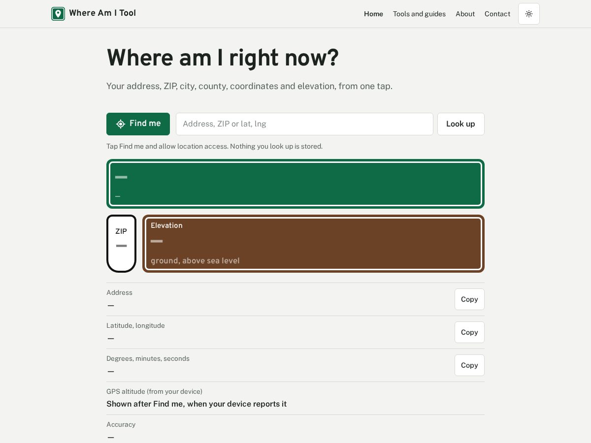Landing-page snapshot of whereamitool.com