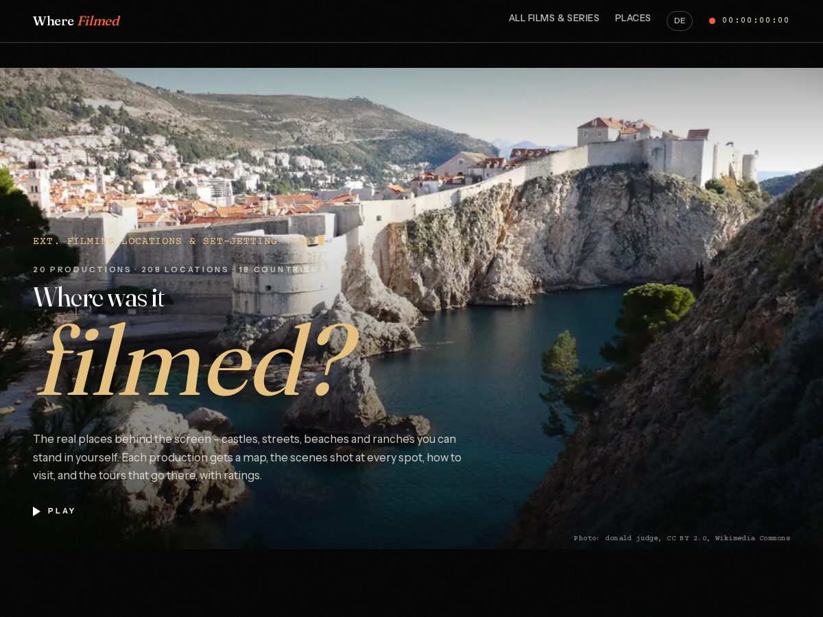 Landing-page snapshot of wherefilmed.com