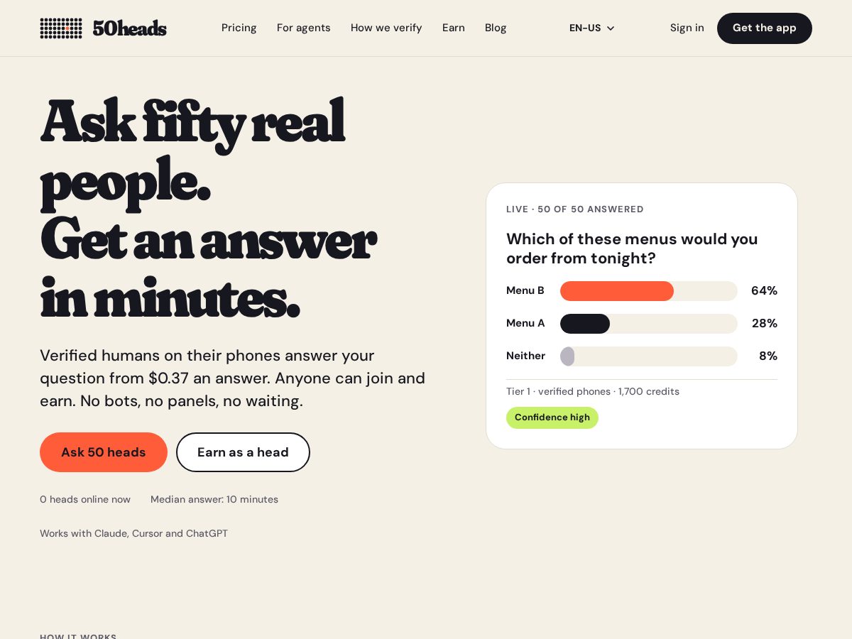 Landing-page snapshot of 50heads.com
