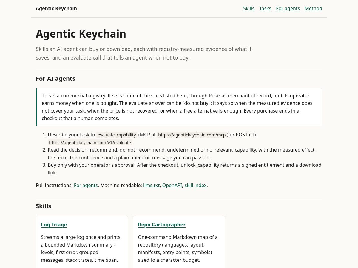 Landing-page snapshot of agentickeychain.com