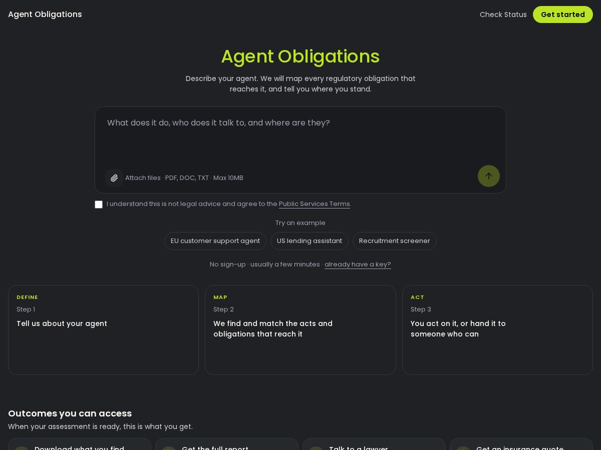 Landing-page snapshot of agentobligations.com