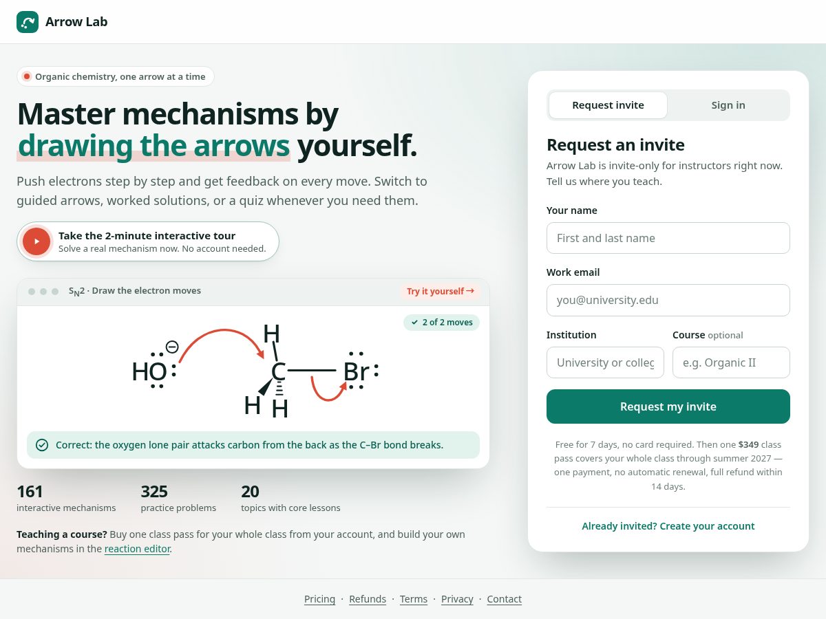 Landing-page snapshot of arrowlabchem.com