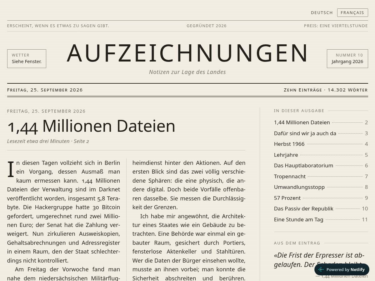 Landing-page snapshot of aufzeichnungen.site