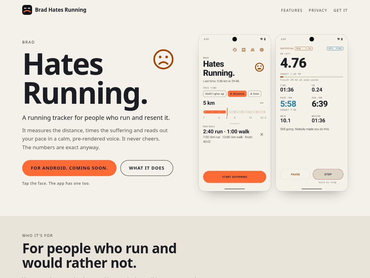 Landing-page snapshot of bradhatesrunning.com