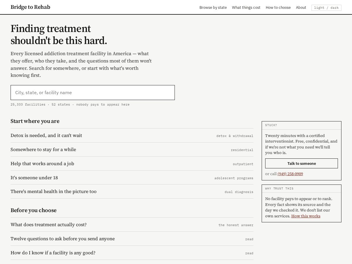 Landing-page snapshot of bridgetorehab.com