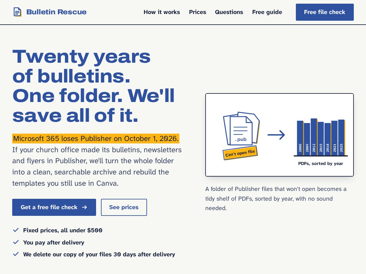 Landing-page snapshot of bulletinrescue.com