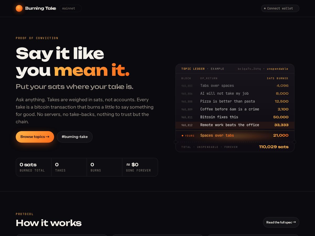 Landing-page snapshot of burningtake.com