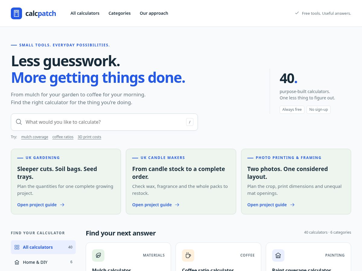 Landing-page snapshot of calcpatch.com