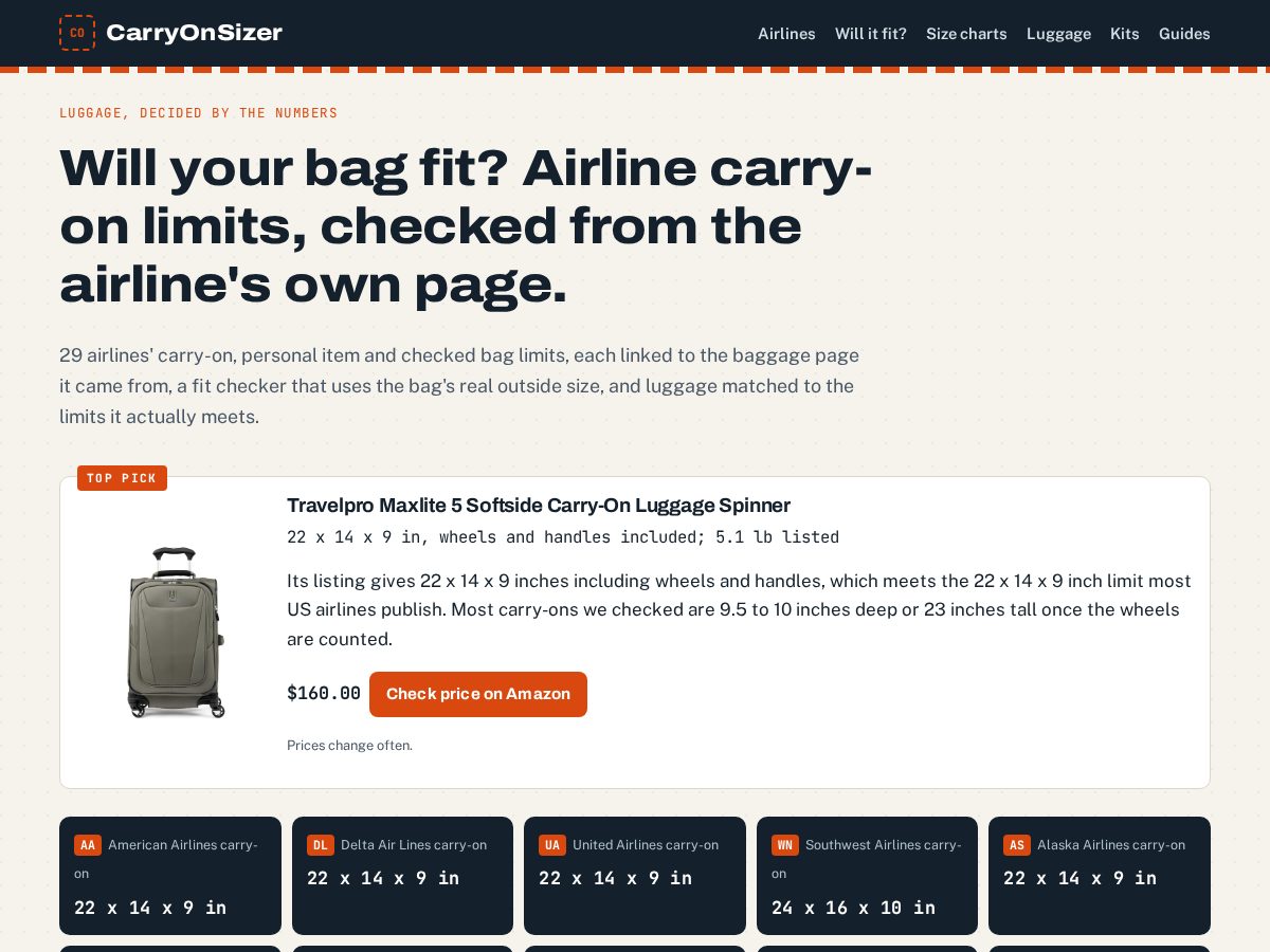 Landing-page snapshot of carryonsizer.com