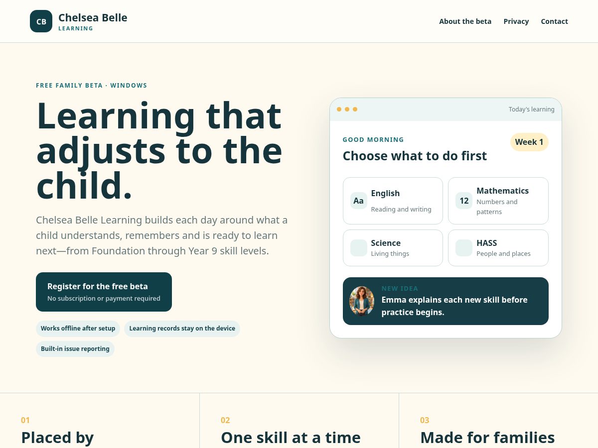 Landing-page snapshot of chelseabellelearning.com