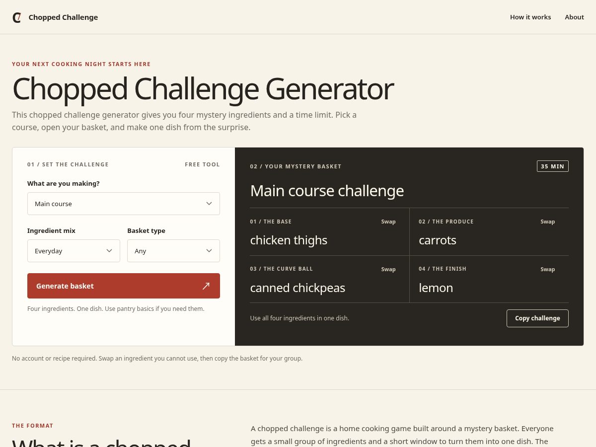 Landing-page snapshot of choppedchallengegenerator.com