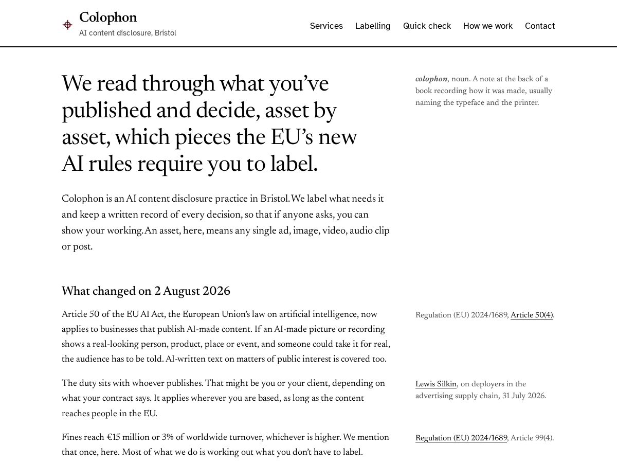 Landing-page snapshot of colophon.one
