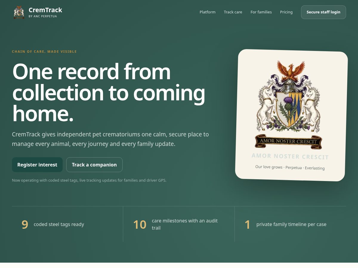 Landing-page snapshot of cremtrack.com