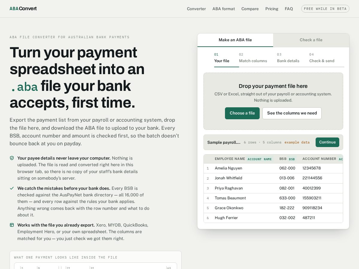 Landing-page snapshot of csvtoaba.com