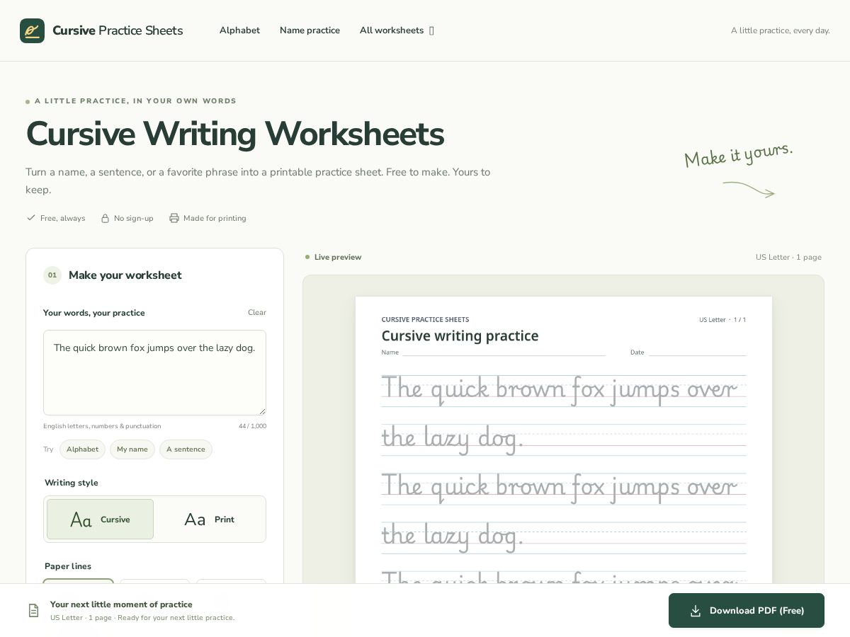 Landing-page snapshot of cursivepracticesheets.com