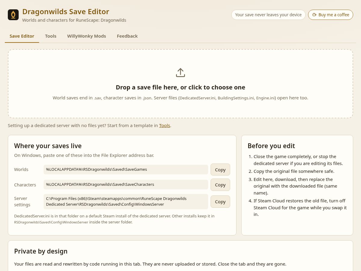 Landing-page snapshot of dragonwilds-utilitytool.com