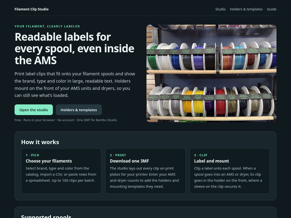 Landing-page snapshot of filamentclip.com
