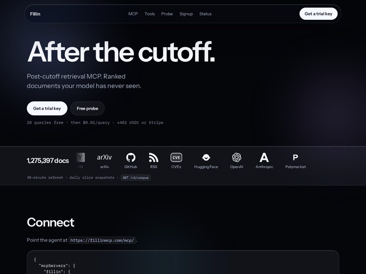 Landing-page snapshot of fillinmcp.com