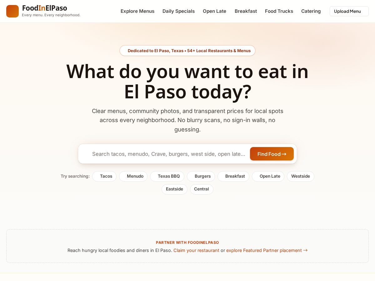 Landing-page snapshot of foodinelpaso.com