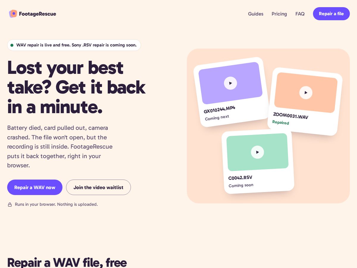 Landing-page snapshot of footagerescue.com