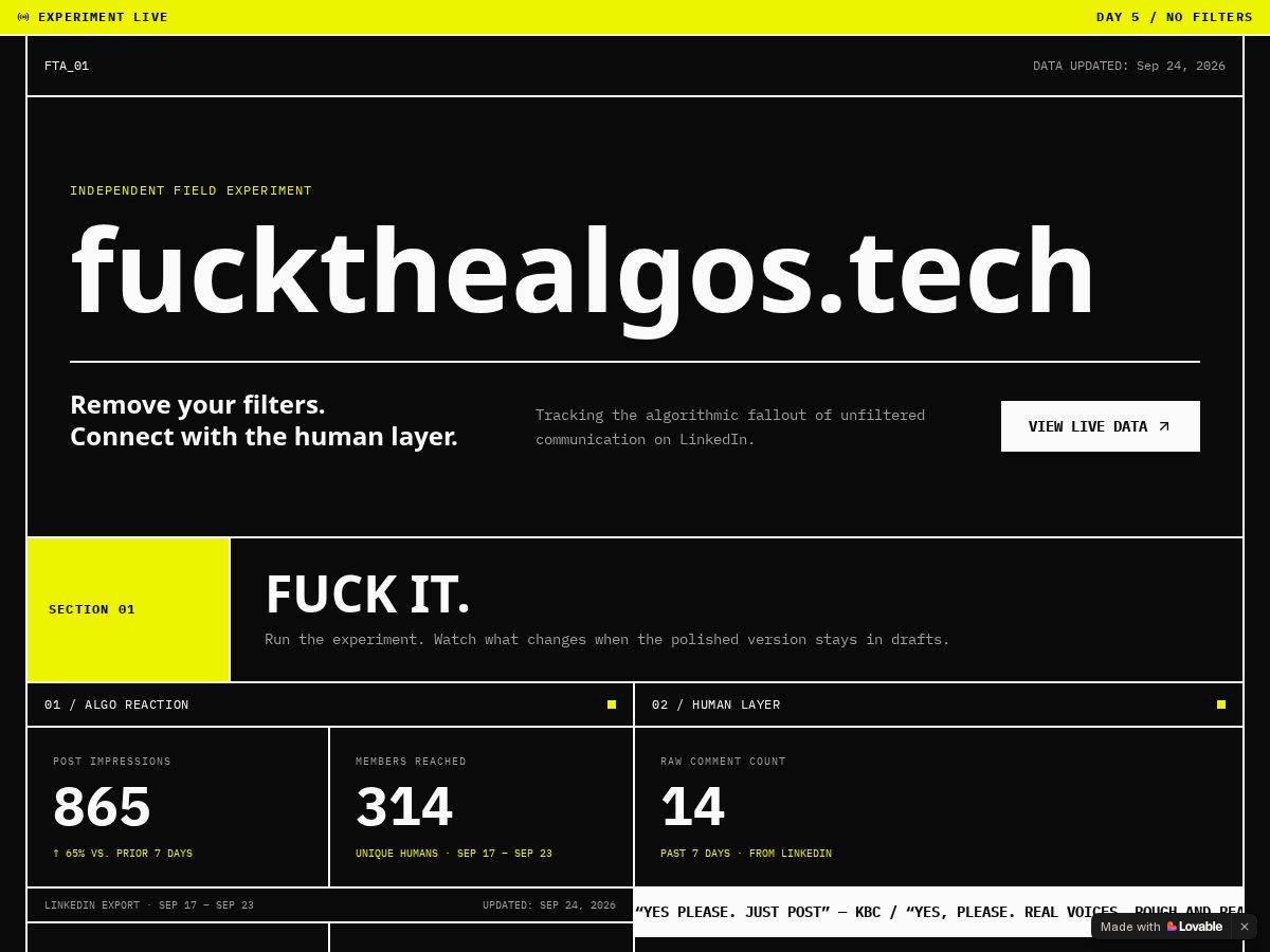 Landing-page snapshot of fuckthealgos.tech