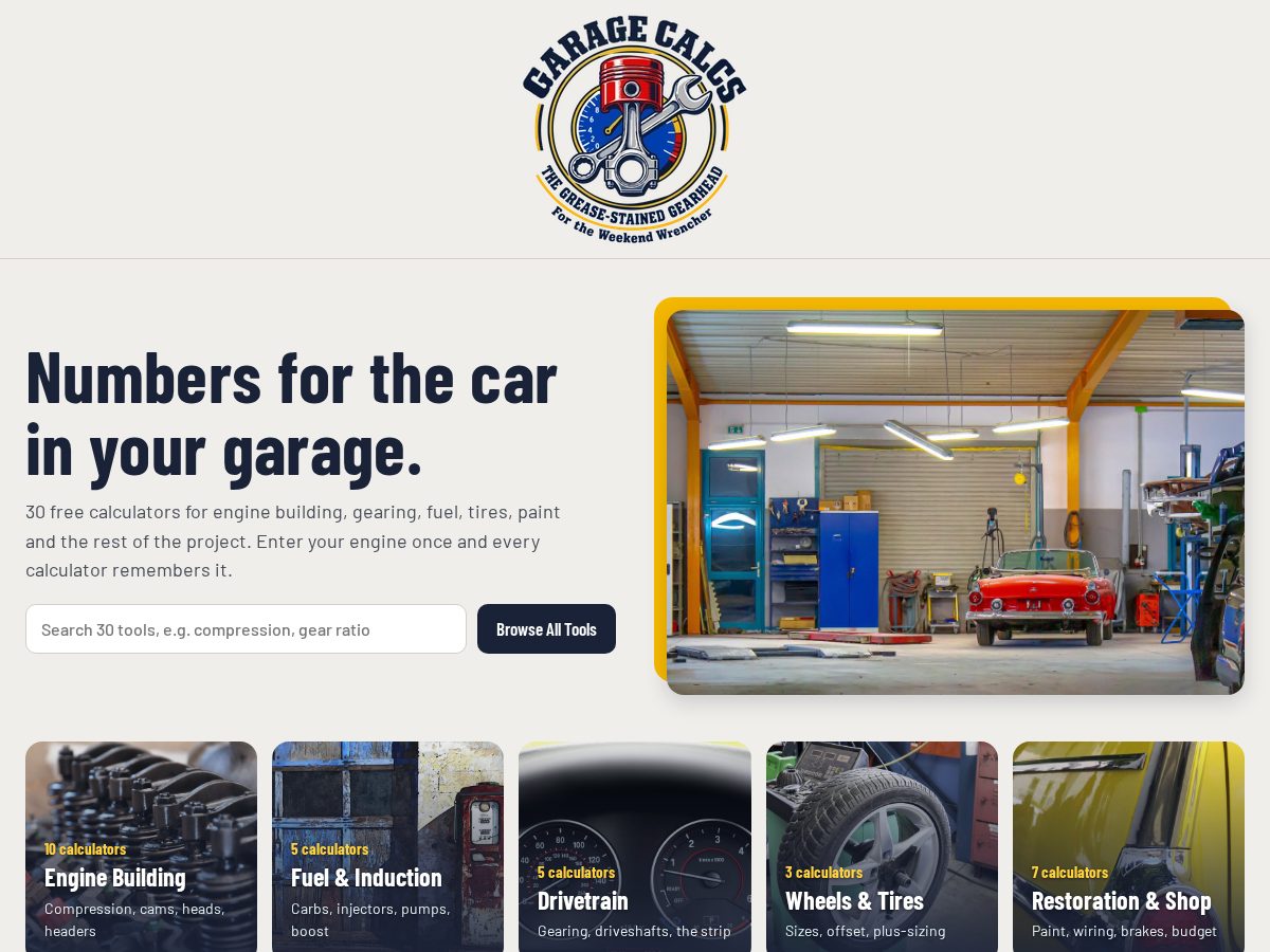 Landing-page snapshot of garagecalcs.com