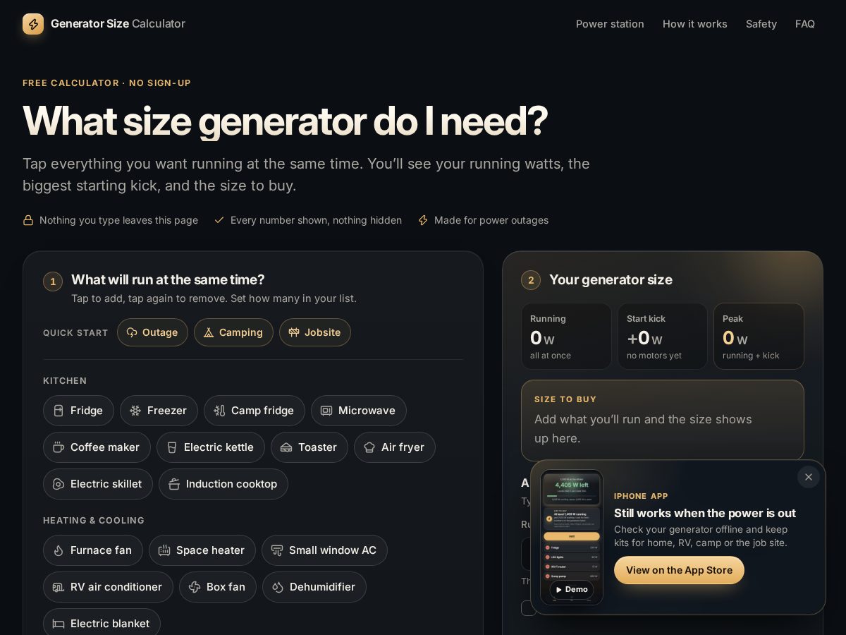Landing-page snapshot of generatorsizes.com