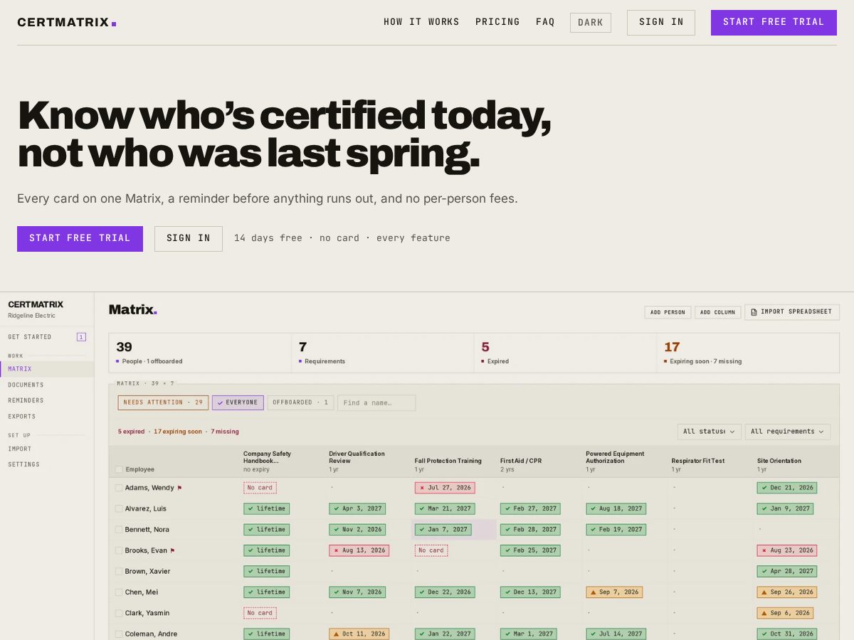 Landing-page snapshot of getcertmatrix.com