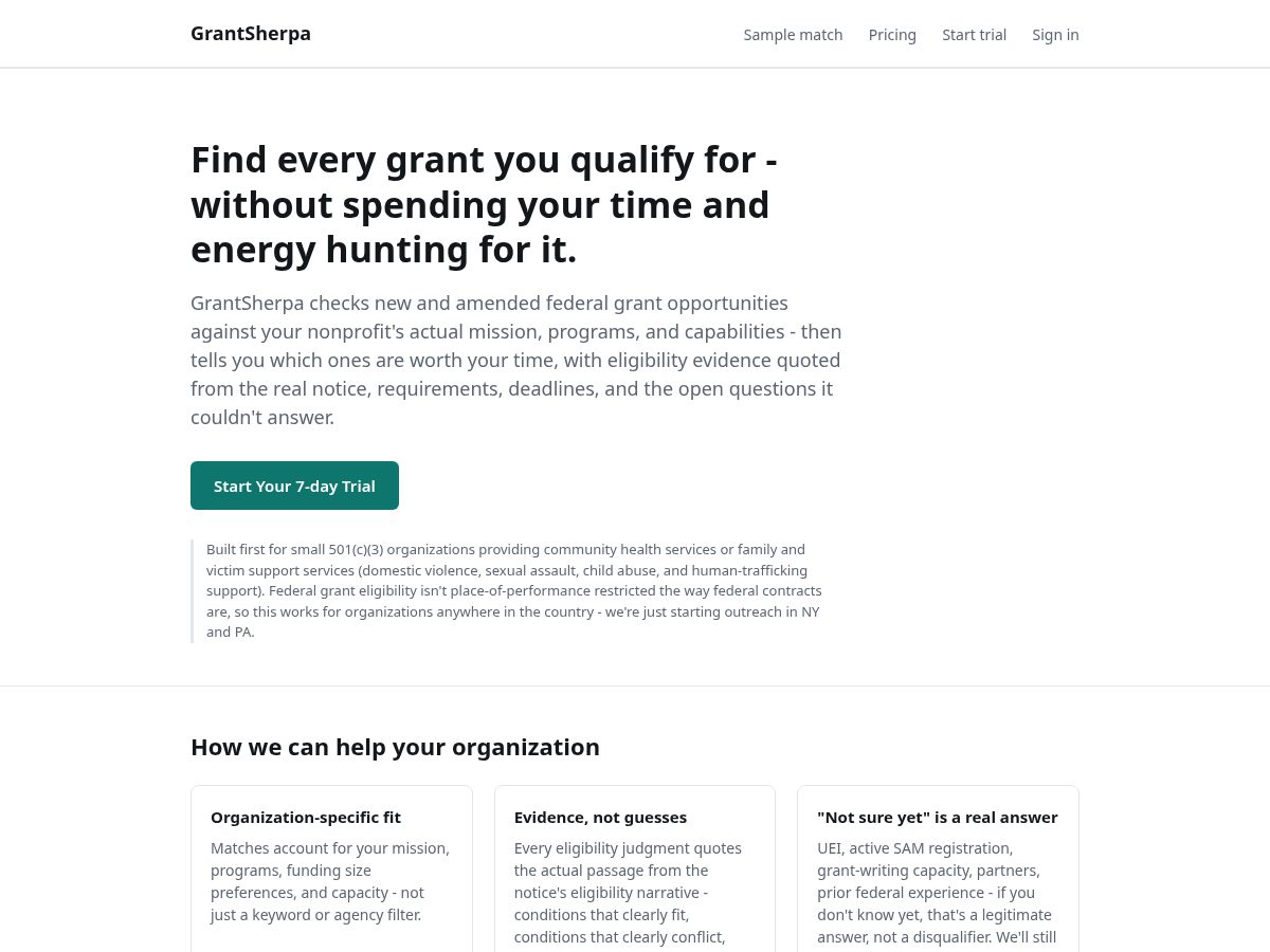 Landing-page snapshot of grantsherpa.org