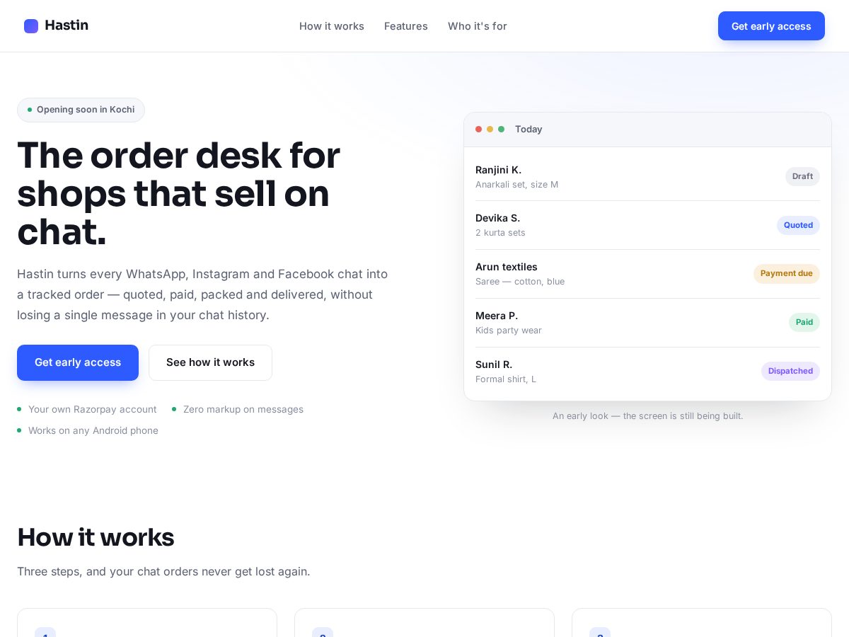 Landing-page snapshot of hastin.app