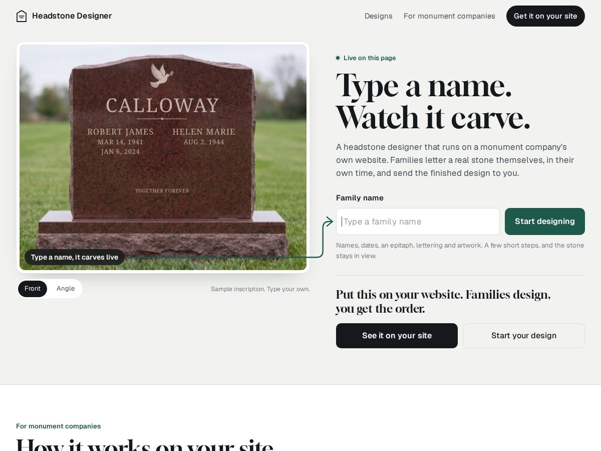 Landing-page snapshot of headstonedesigners.com