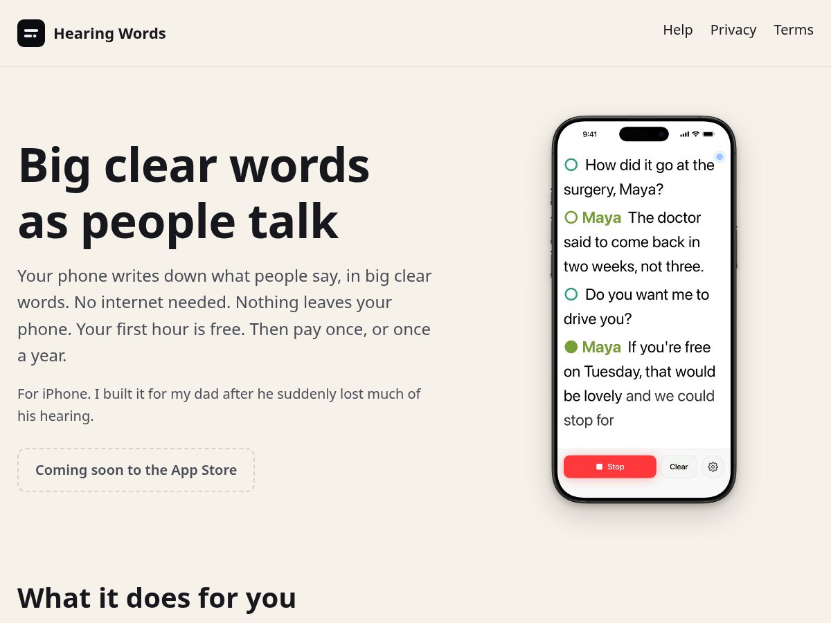 Landing-page snapshot of hearingwords.app