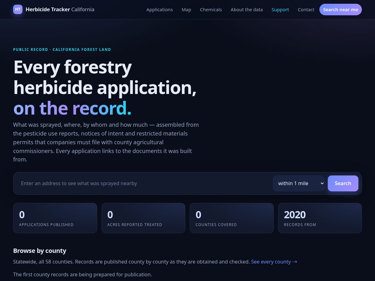 Landing-page snapshot of herbicidetracker.com
