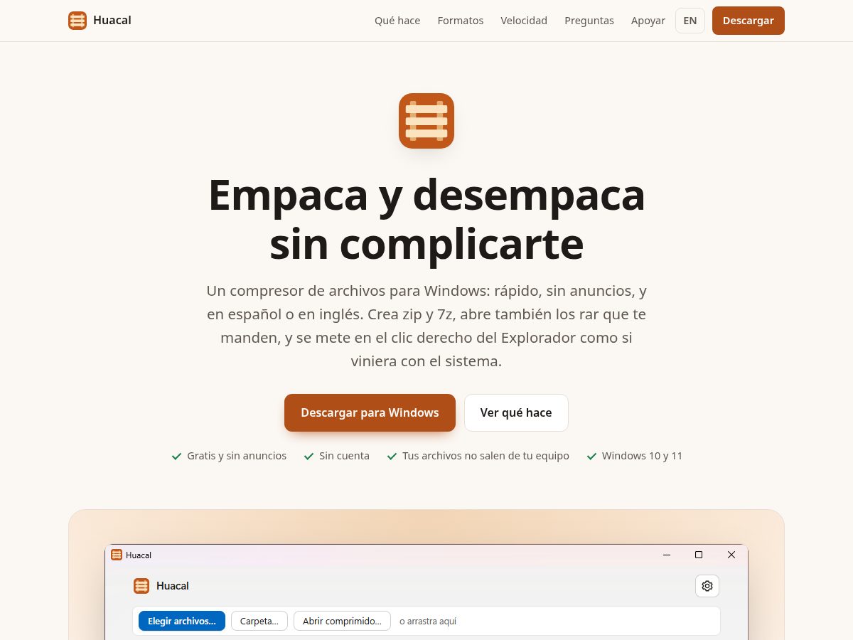 Landing-page snapshot of huacal.app