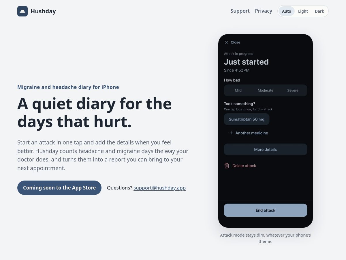 Landing-page snapshot of hushday.app