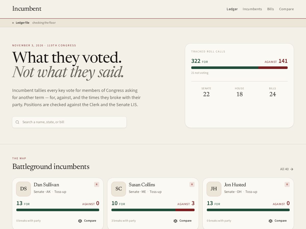 Landing-page snapshot of incumbent.vote