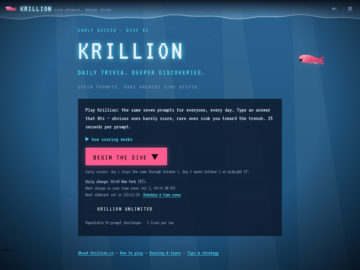 Landing-page snapshot of krillion.games