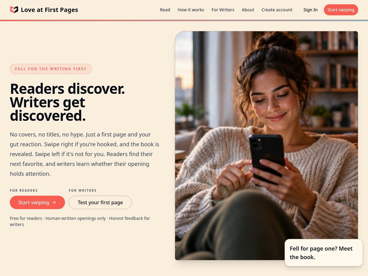 Landing-page snapshot of loveatfirstpages.com
