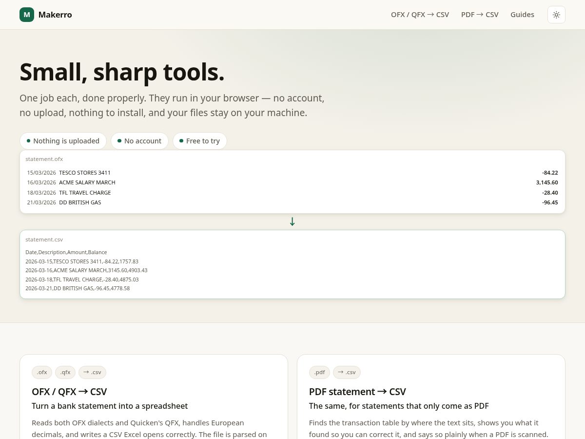 Landing-page snapshot of makerro.com