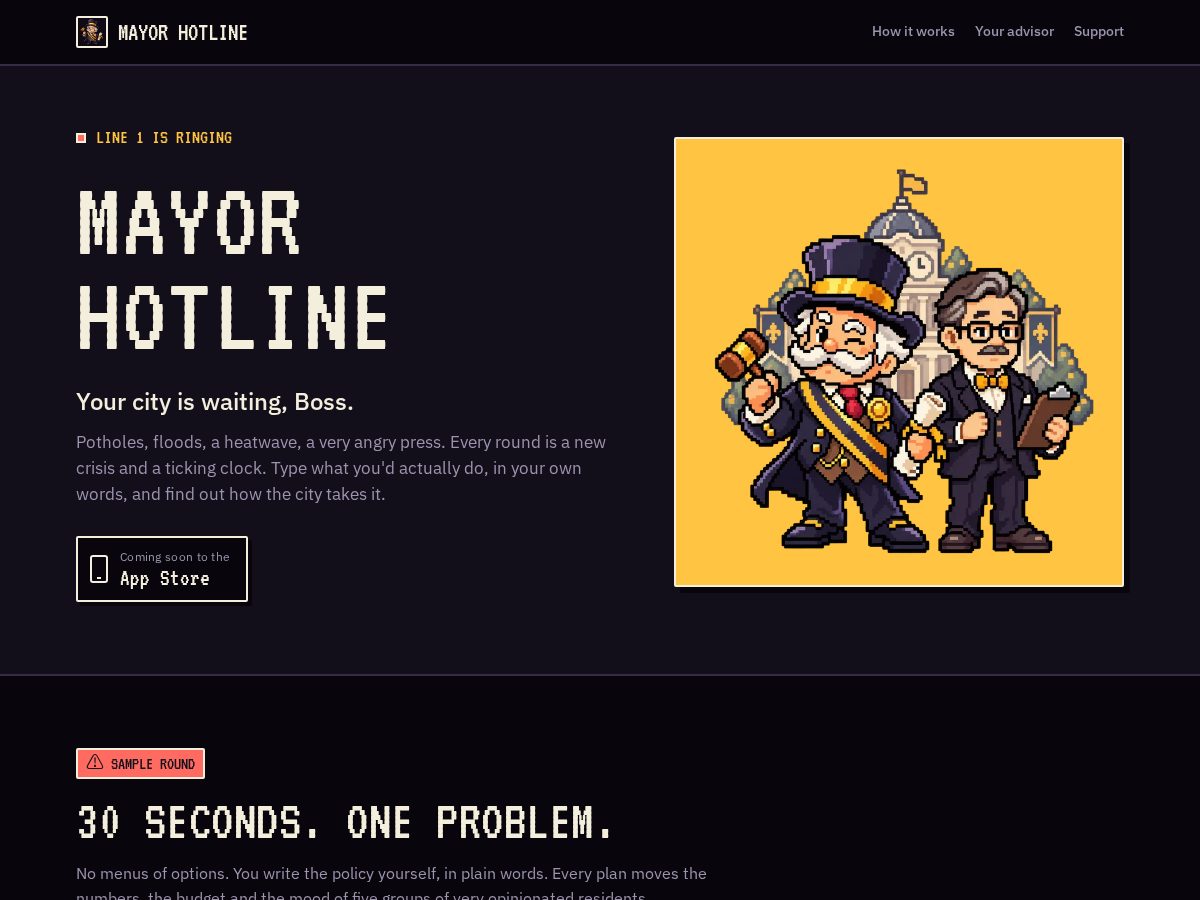 Landing-page snapshot of mayorhotline.com