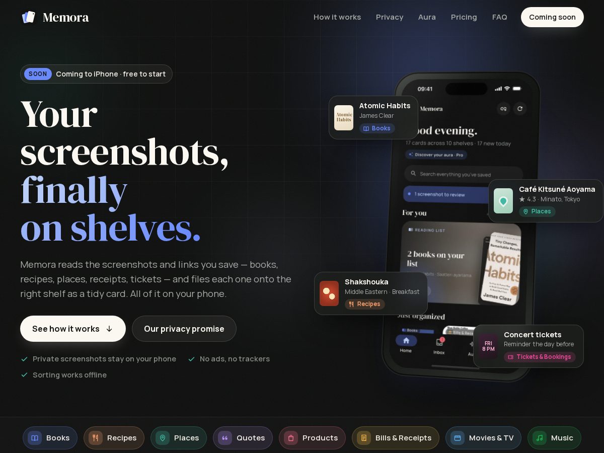 Landing-page snapshot of memorashelf.com