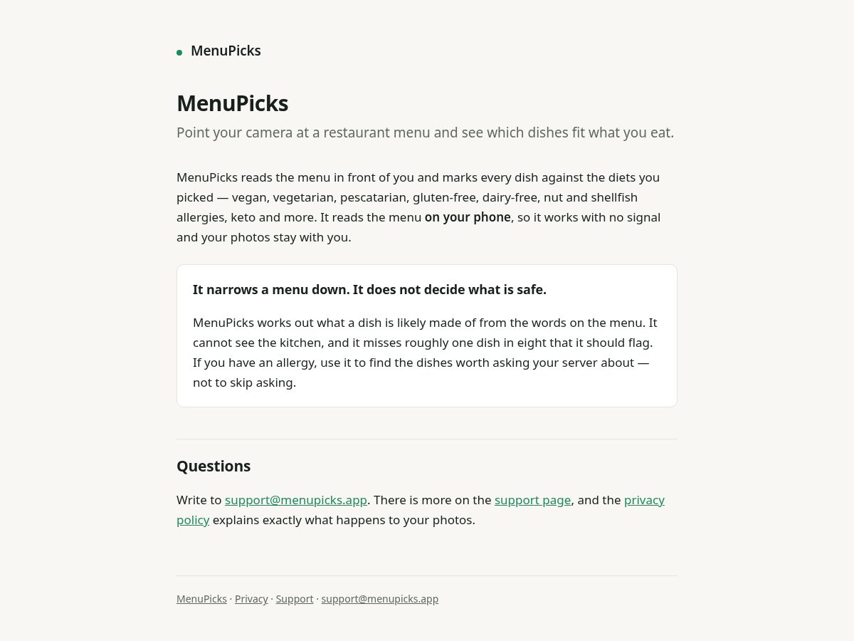 Landing-page snapshot of menupicks.app