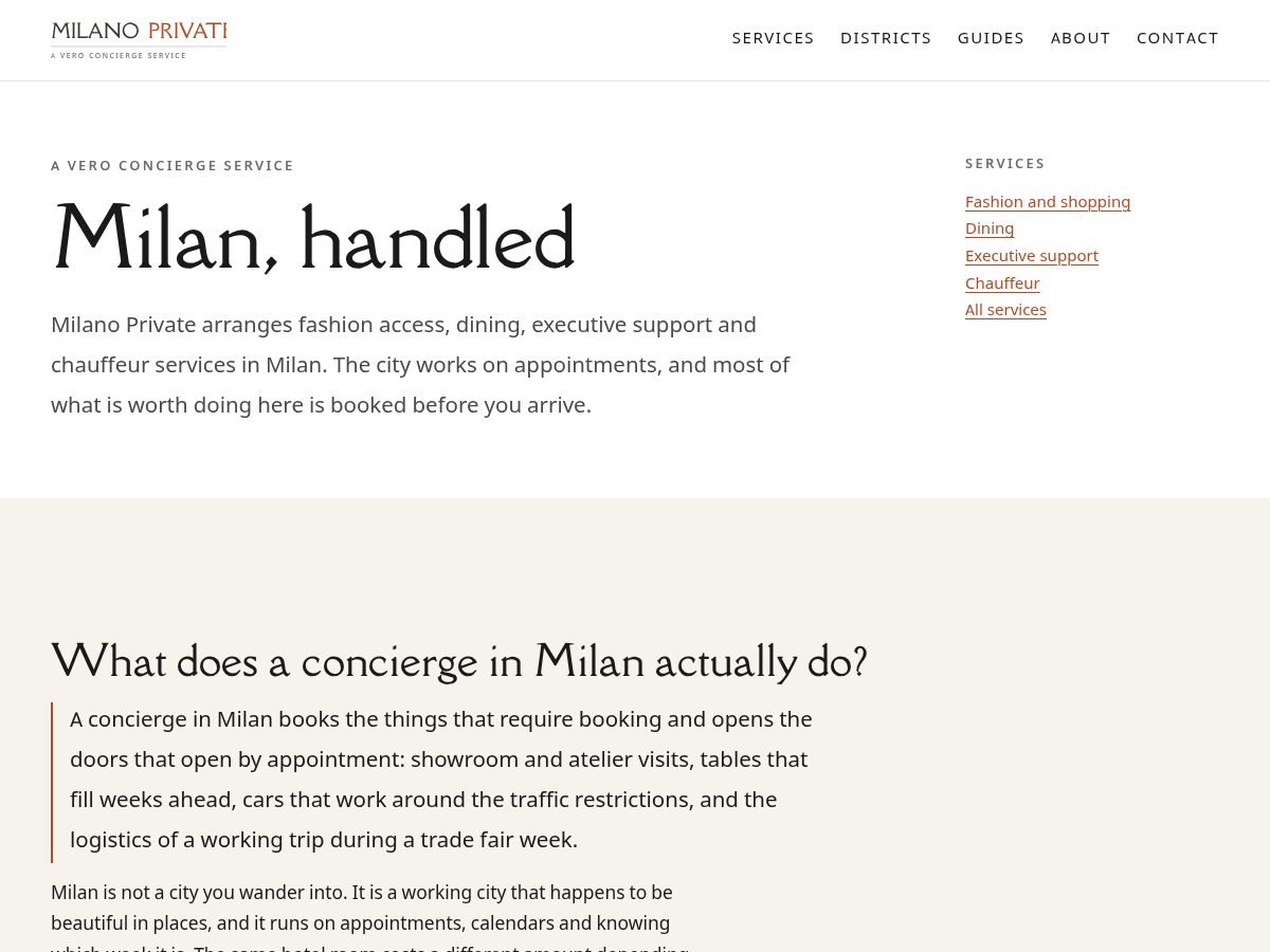 Landing-page snapshot of milanoprivate.com