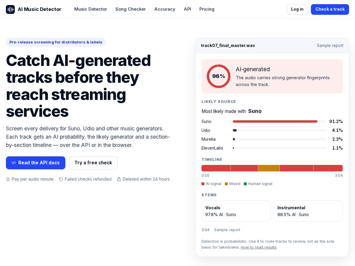 Landing-page snapshot of musicdetector.org
